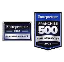Entrepeneur 2025 Verified Franchise badge and Entrepeneur Franchise 500 Top Low-Cost 2025 badge