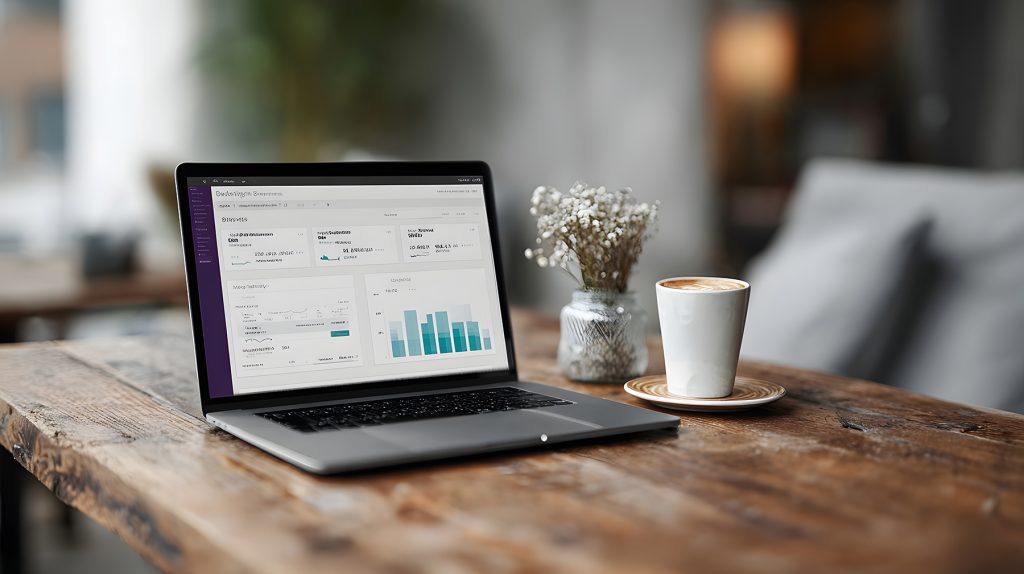 Laptop displaying business analytics and automation dashboards on a wooden table beside a coffee cup, representing systems that support flexible franchise ownership and time freedom.