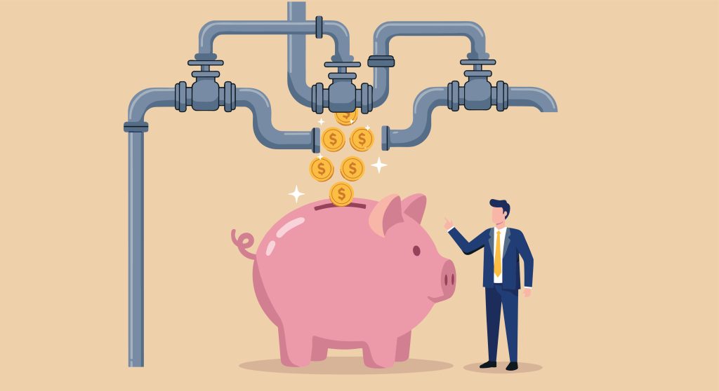 Illustration of an income stream flowing through pipes into a piggy bank, with a business professional standing nearby.