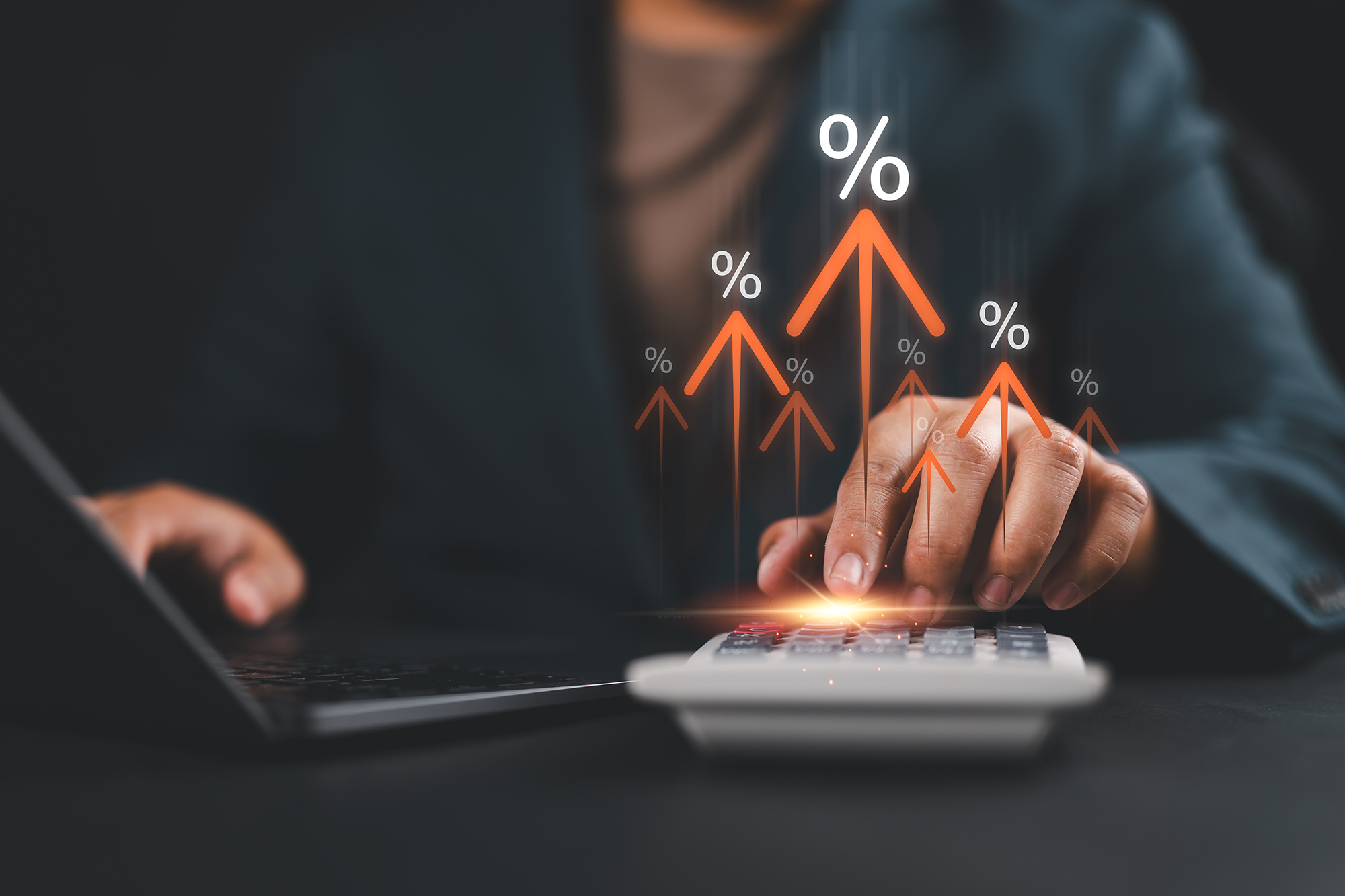 Investor calculating projected franchise growth with upward percentage arrows symbolizing long-term profitability.
