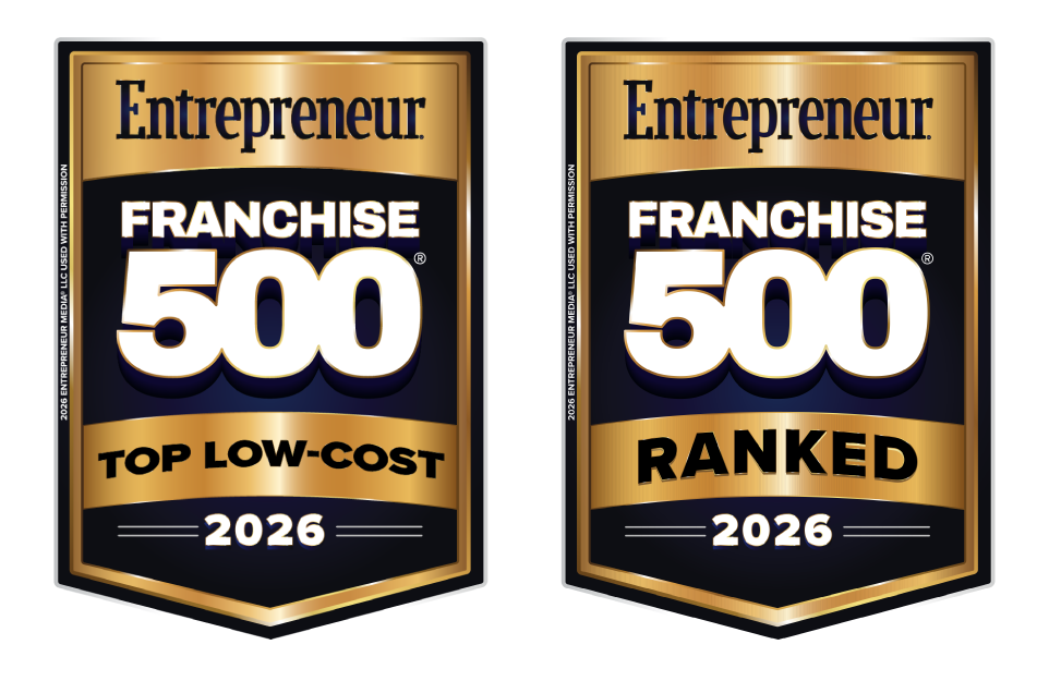 Entrepeneur Franchise 500 Top Ranked 2026 badge and Entrepeneur Franchise 500 Top Low-Cost 2026 badge
