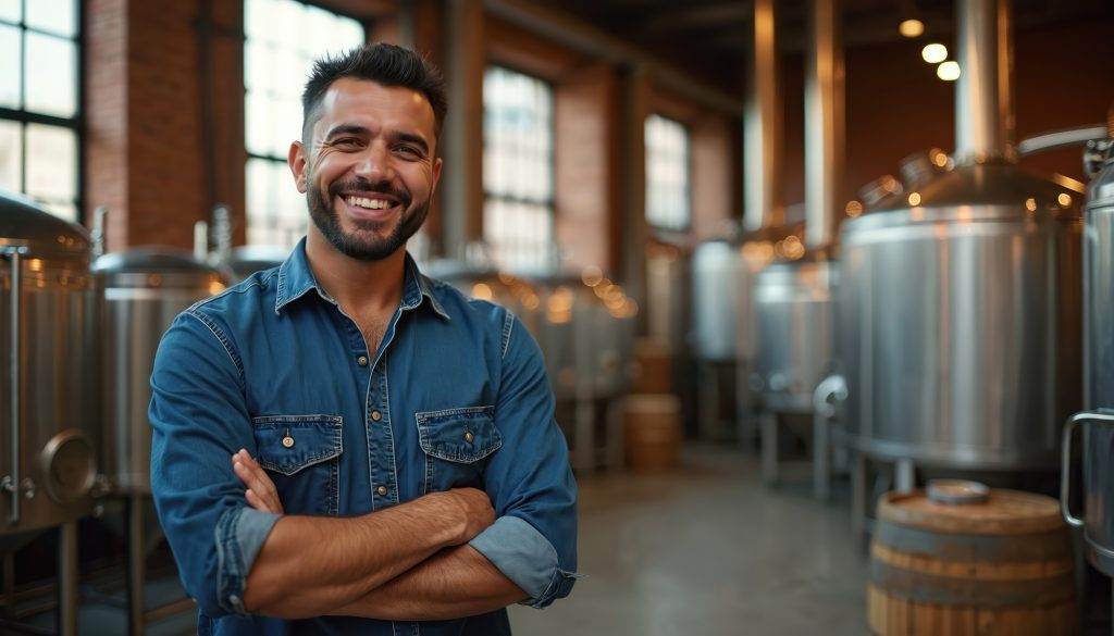 Hombre sonriente con los brazos cruzados dentro de una cervecería artesanal, representando a un propietario o emprendedor de una franquicia rentable en Estados Unidos.