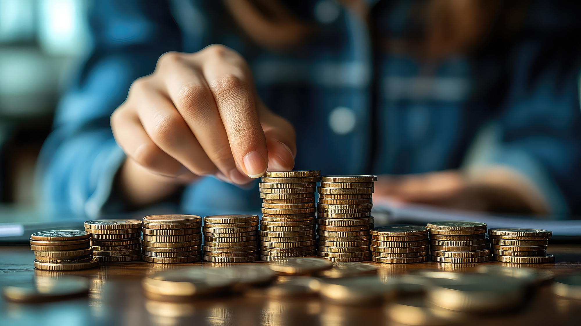 Persona organizando y apilando varias columnas de monedas sobre una mesa, representando la planificación y cálculo de inversión.