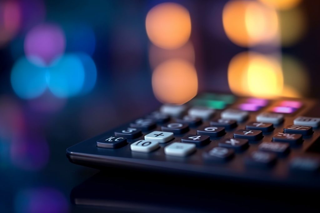 Calculadora sobre una superficie oscura con luces desenfocadas de colores al fondo, simbolizando el análisis y cálculo financiero.
