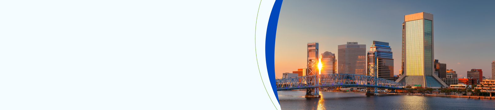 The Jacksonville skyline at sunset featuring the blue Main Street Bridge over the St. Johns River and the Wells Fargo Center building under a golden sky.