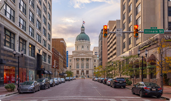 Indianapolis, Indiana, USA - October 19, 2021: The Indiana State Capitol as seen down Market street