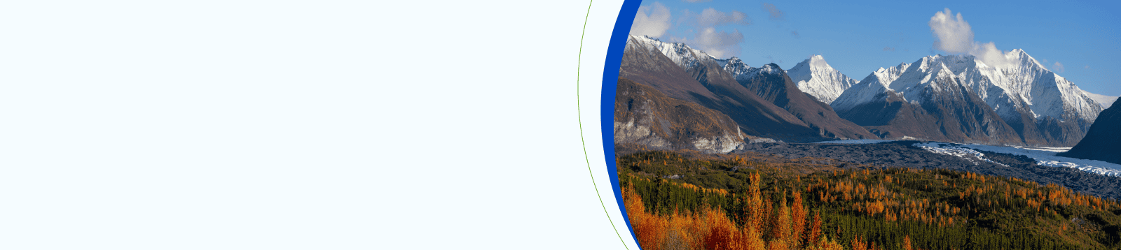 Scenic panoramic landscape with snow covered mountains and Matanuska Glacier in autumn time in Alaska along Glen Highway