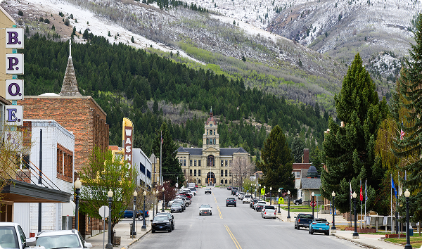Anaconda, MT, USA - May 6, 2025; Cityscape view along Main Street to Anaconda Deer Lodge County Court House