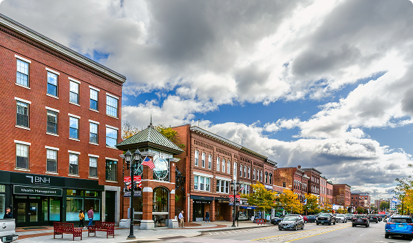 Concord, New Hampshire - October, 13, 2023: North Main street, in front of the State Capitol. The Downtown Concord Historic District encompasses most of the commercial heart of Concord, NH