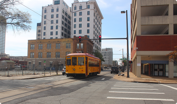 Little Rock, Arkansas USA- March 20th 2023: The Metro Street Car in downtown Little Rock, Arkansas.