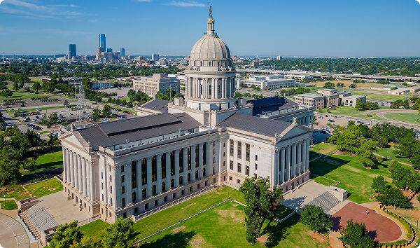 Aerial view of the Oklahoma State Capitol and dowtown cityscape at Oklahoma