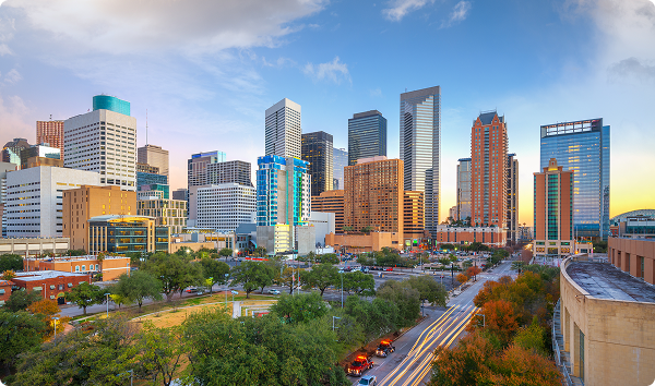 Houston, Texas, USA downtown park and skyline in the morning.