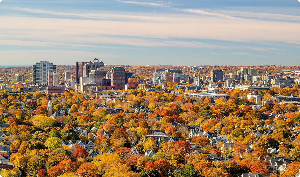 New Haven city downtown skyline cityscape of Connecticut, USA in autumn