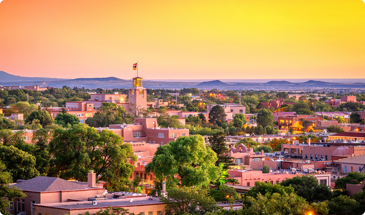 Santa Fe, New Mexico, USA downtown skyline at dusk.