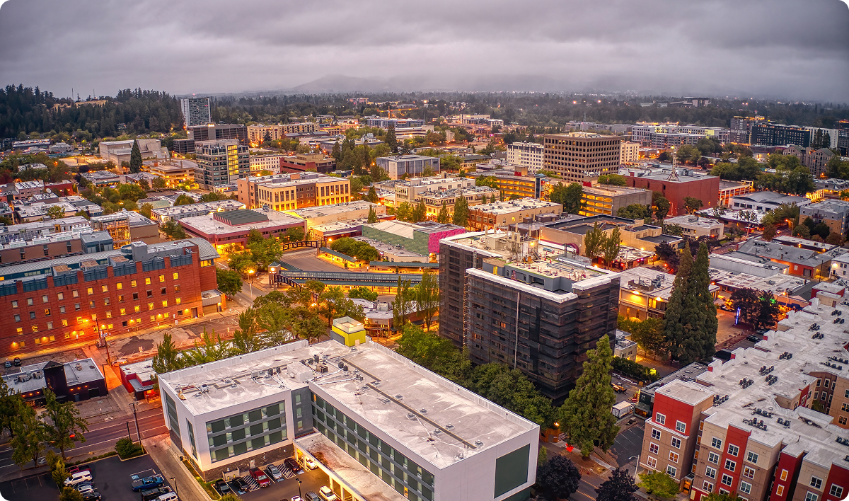 Aerial View of Downtown Eugene, Oregon on a Cloudy Morning