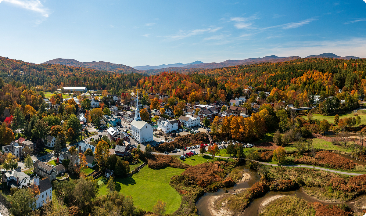 Panoramic aerial view of the town of Stowe in Vermont in the fall
