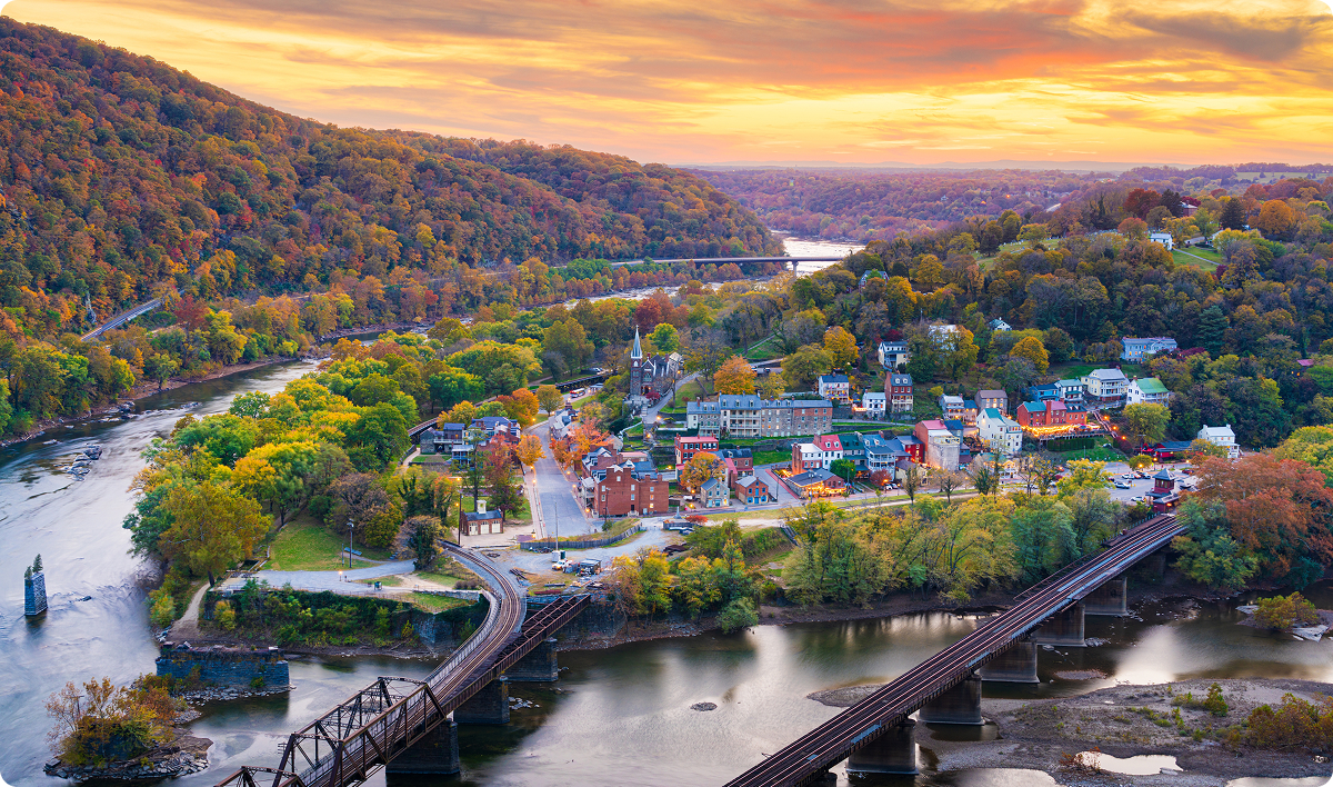 Harpers Ferry, West Virginia, USA, overlooking the Shenandoah Valley in autumn at sunset